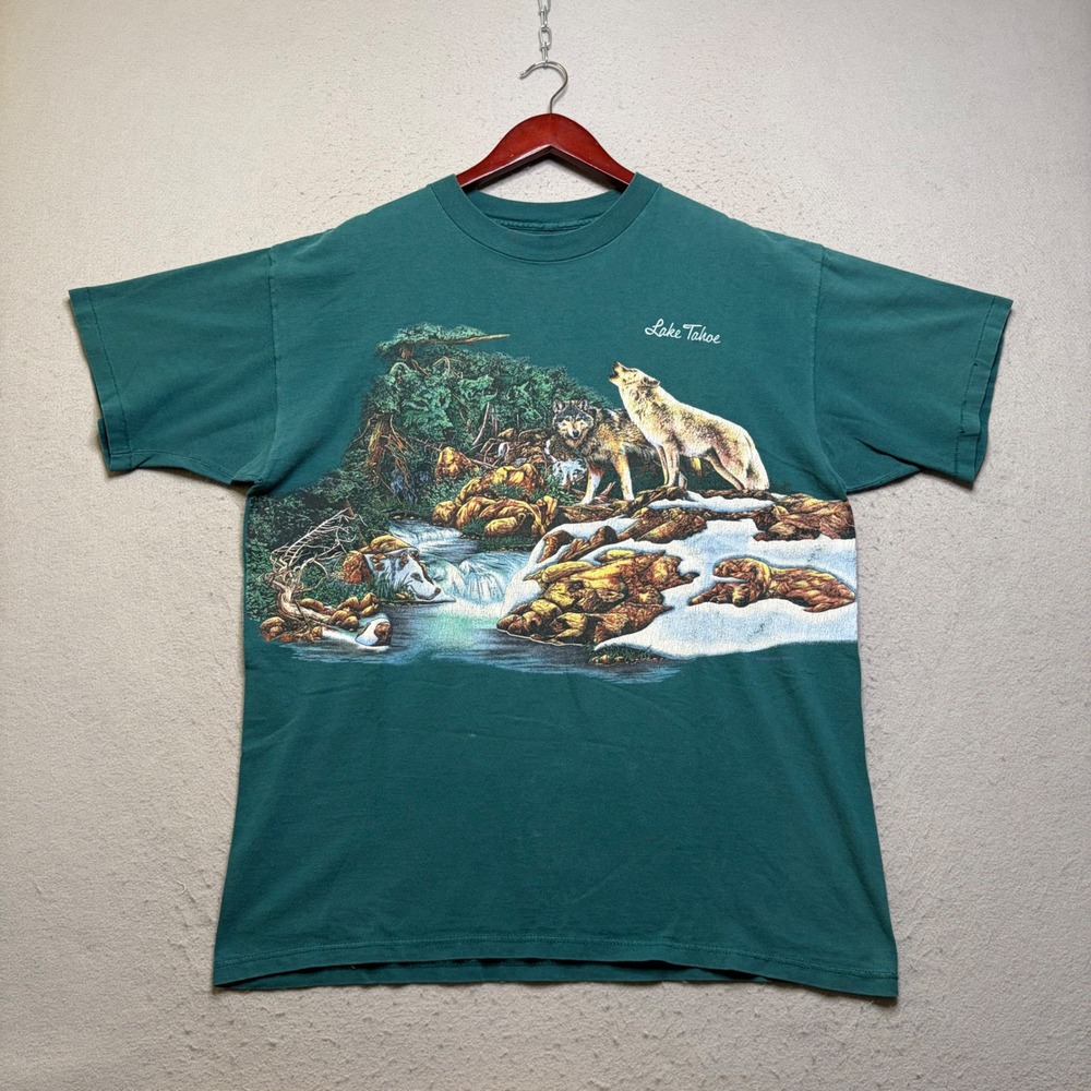 Habitat Lake Tahoe T-Shirt Mens XL Green Vintage 90s Wolf Graphic Double Sided